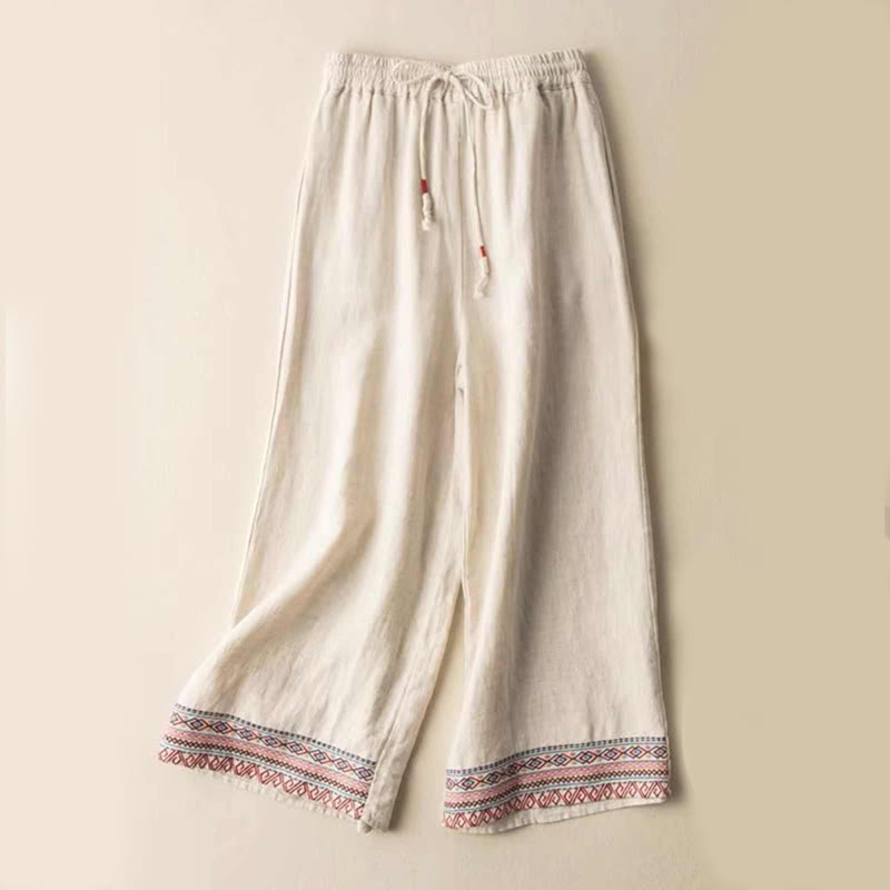 Buddha Stones Damen-Baumwollhose mit weitem Bein und Taschen, einfarbig, Bohemian-Streifen - Beige - US14， UK/AU18，EU46 (4XL) - image 1