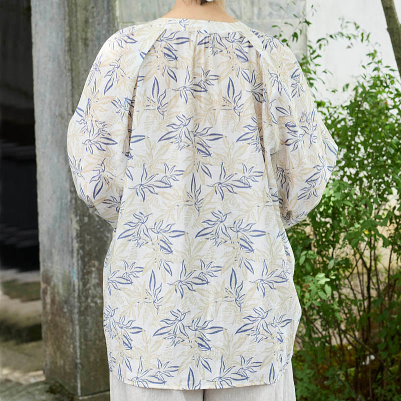 Buddha Stones Blau Beige Blumen Kerbdesign Langarm Damen Shirt für ältere Erwachsene - image 2