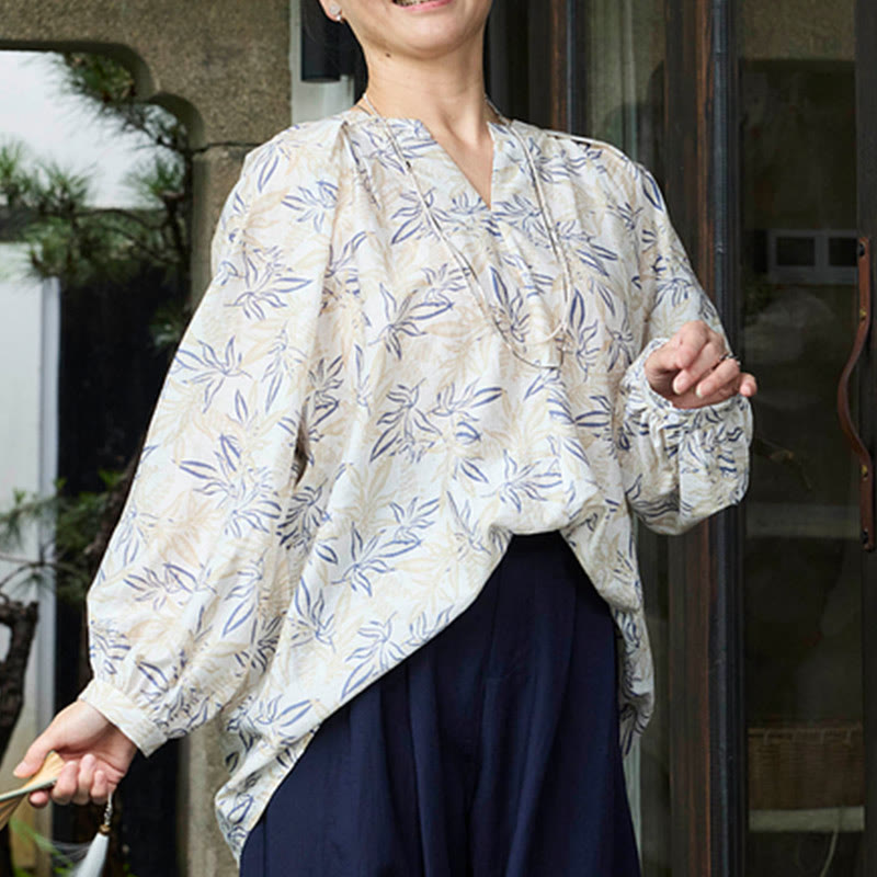 Buddha Stones Blau Beige Blumen Kerbdesign Langarm Damen Shirt für ältere Erwachsene - image 13