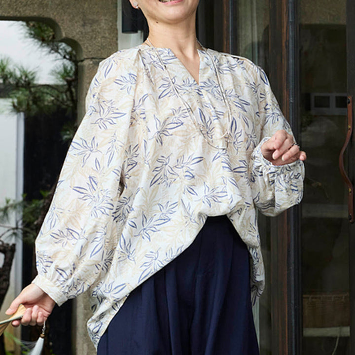 Buddha Stones Blau Beige Blumen Kerbdesign Langarm Damen Shirt für ältere Erwachsene - image 13