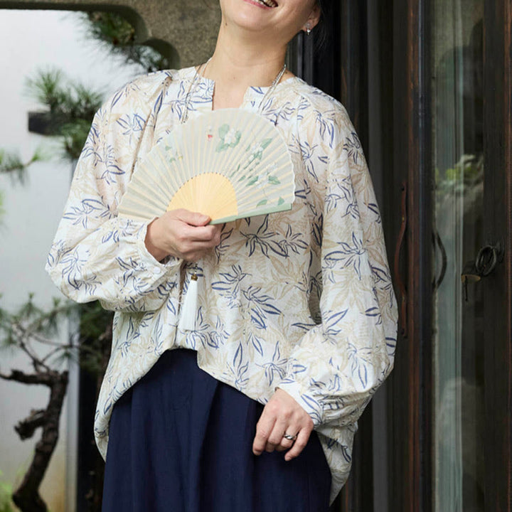 Buddha Stones Blau Beige Blumen Kerbdesign Langarm Damen Shirt für ältere Erwachsene - image 19
