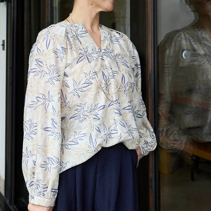 Buddha Stones Blau Beige Blumen Kerbdesign Langarm Damen Shirt für ältere Erwachsene - image 15