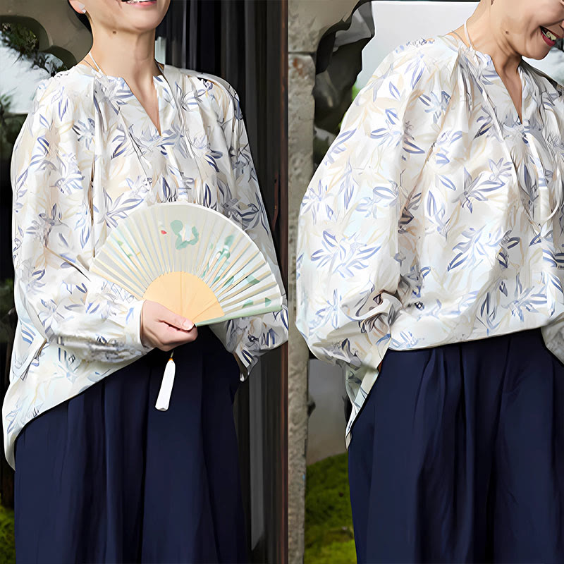 Buddha Stones Blau Beige Blumen Kerbdesign Langarm Damen Shirt für ältere Erwachsene - image 22