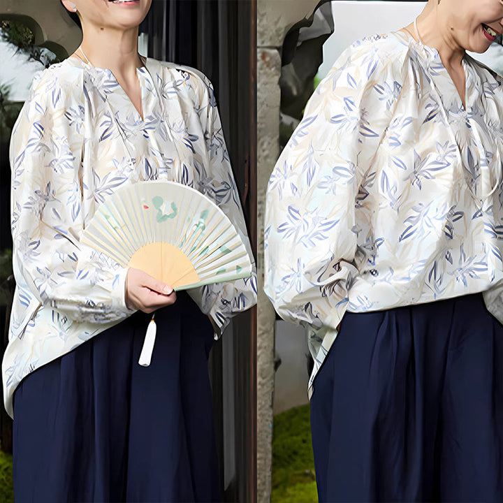 Buddha Stones Blau Beige Blumen Kerbdesign Langarm Damen Shirt für ältere Erwachsene - image 22