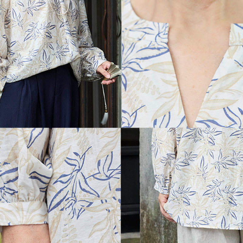 Buddha Stones Blau Beige Blumen Kerbdesign Langarm Damen Shirt für ältere Erwachsene - image 12