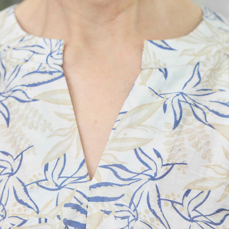 Buddha Stones Blau Beige Blumen Kerbdesign Langarm Damen Shirt für ältere Erwachsene - image 7