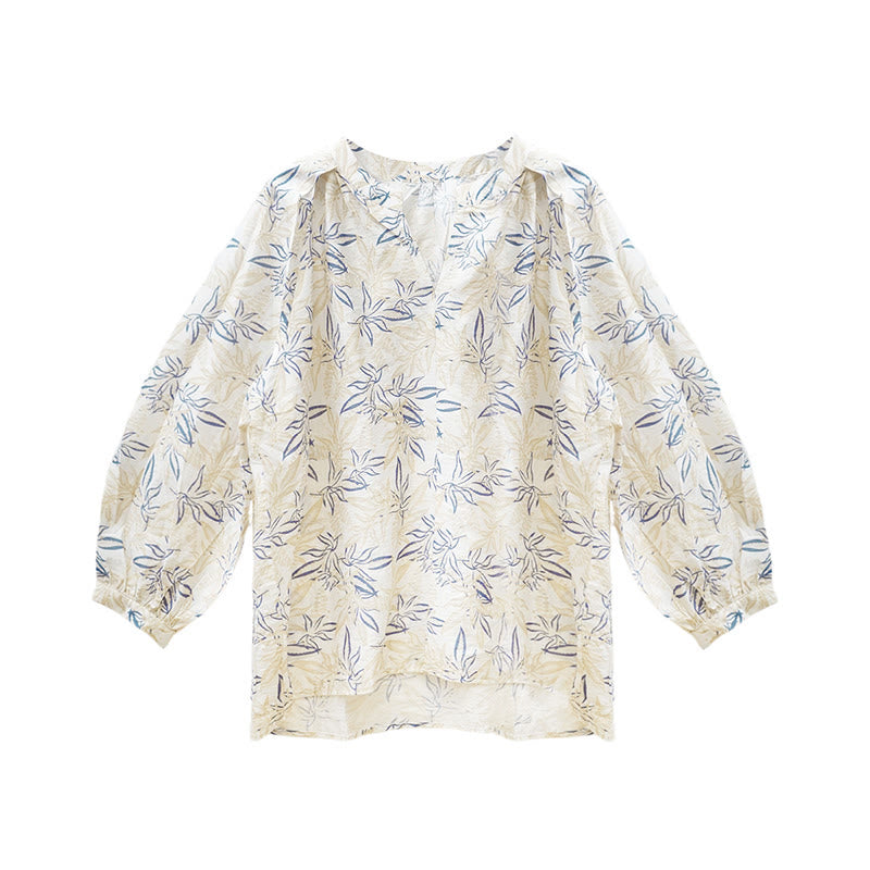 Buddha Stones Blau Beige Blumen Kerbdesign Langarm Damen Shirt für ältere Erwachsene - image 5