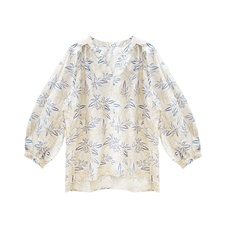 Buddha Stones Blau Beige Blumen Kerbdesign Langarm Damen Shirt für ältere Erwachsene - image 5