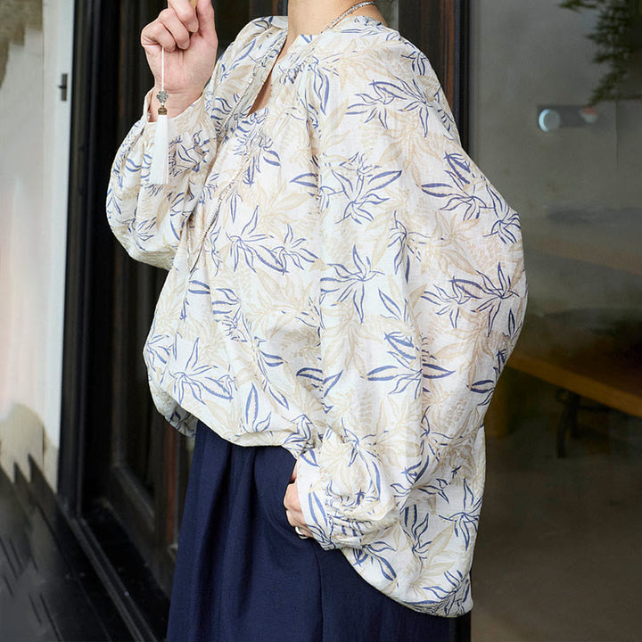 Buddha Stones Blau Beige Blumen Kerbdesign Langarm Damen Shirt für ältere Erwachsene - image 17