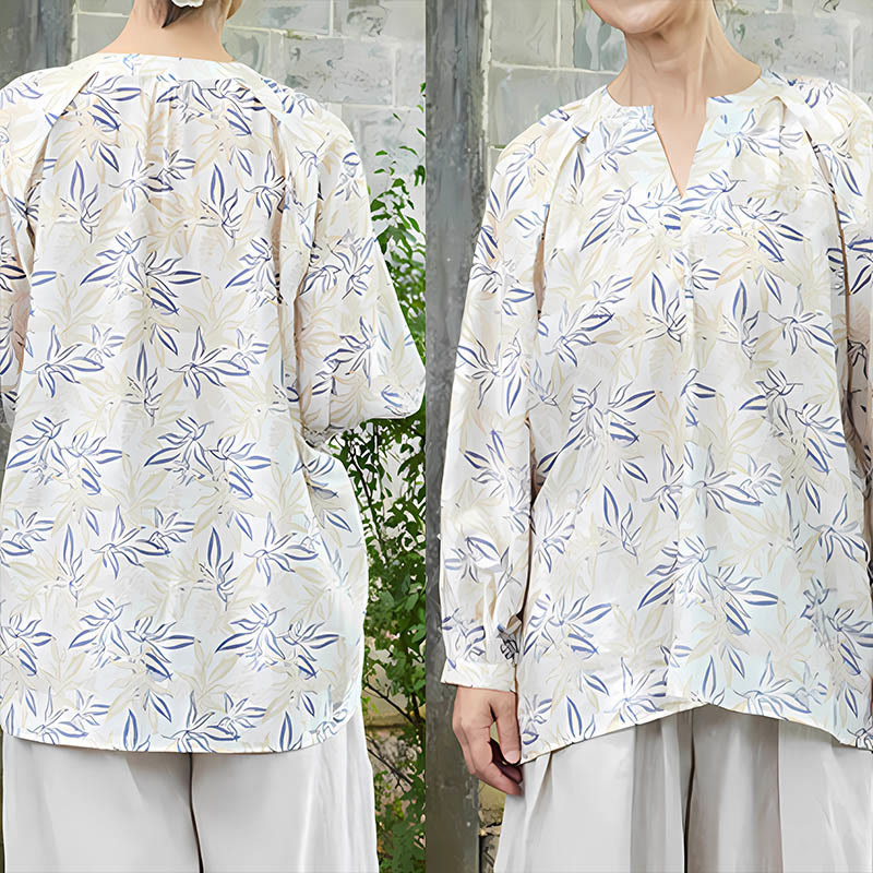 Buddha Stones Blau Beige Blumen Kerbdesign Langarm Damen Shirt für ältere Erwachsene - image 10