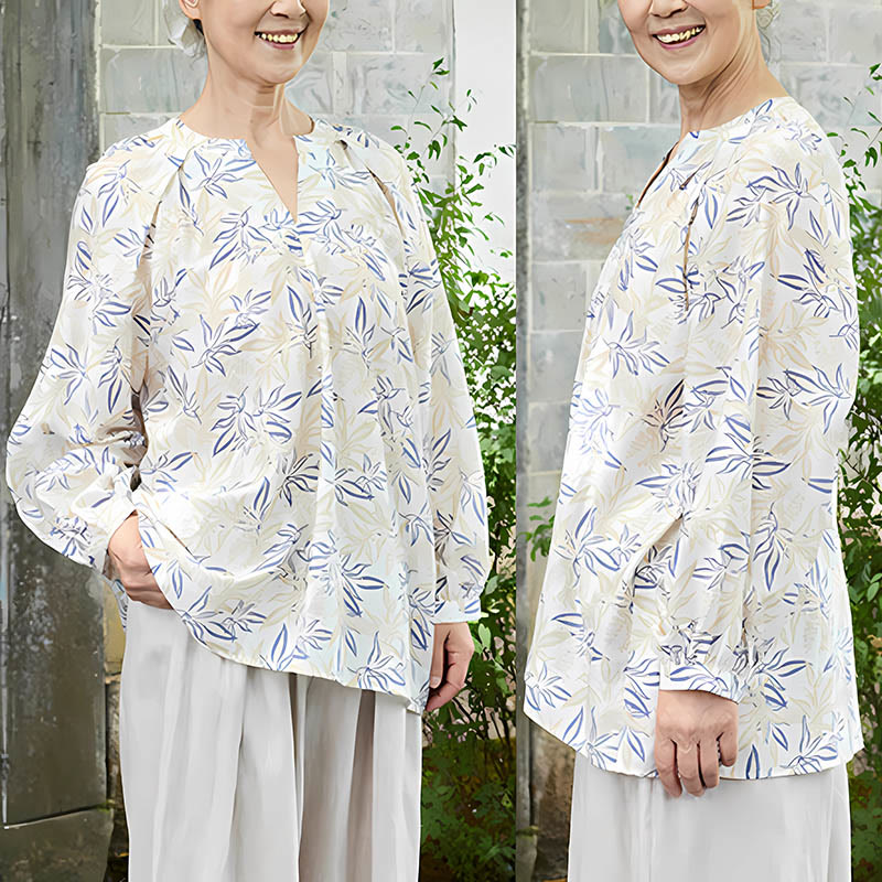 Buddha Stones Blau Beige Blumen Kerbdesign Langarm Damen Shirt für ältere Erwachsene - image 9