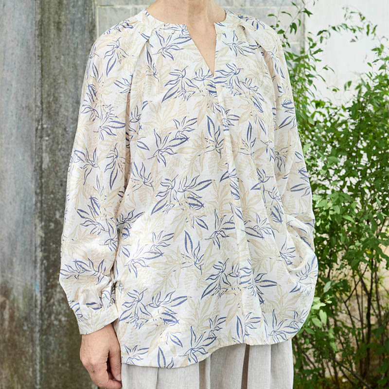 Buddha Stones Blau Beige Blumen Kerbdesign Langarm Damen Shirt für ältere Erwachsene - image 1