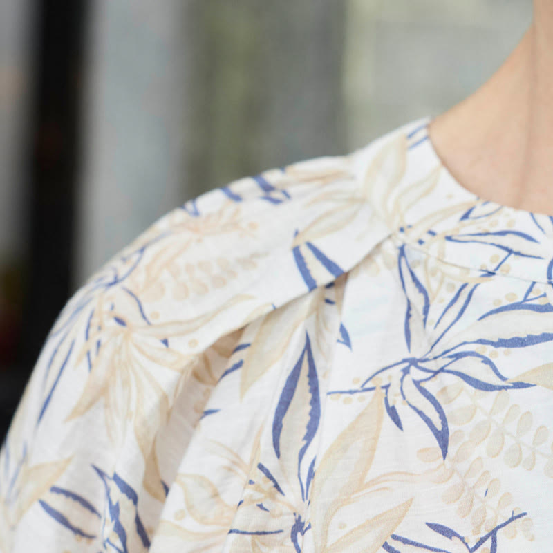 Buddha Stones Blau Beige Blumen Kerbdesign Langarm Damen Shirt für ältere Erwachsene - image 6