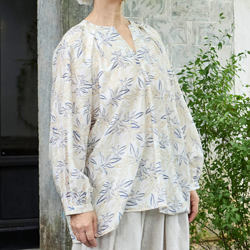 Buddha Stones Blau Beige Blumen Kerbdesign Langarm Damen Shirt für ältere Erwachsene - image 3