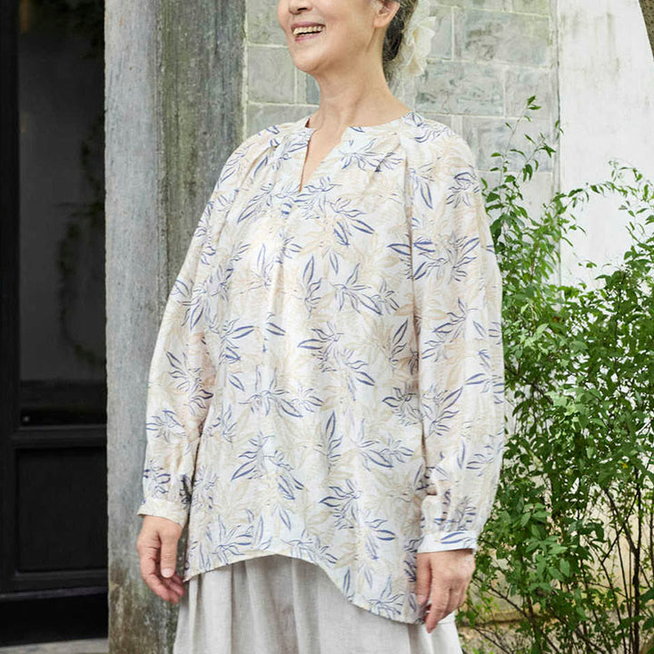 Buddha Stones Blau Beige Blumen Kerbdesign Langarm Damen Shirt für ältere Erwachsene - image 4
