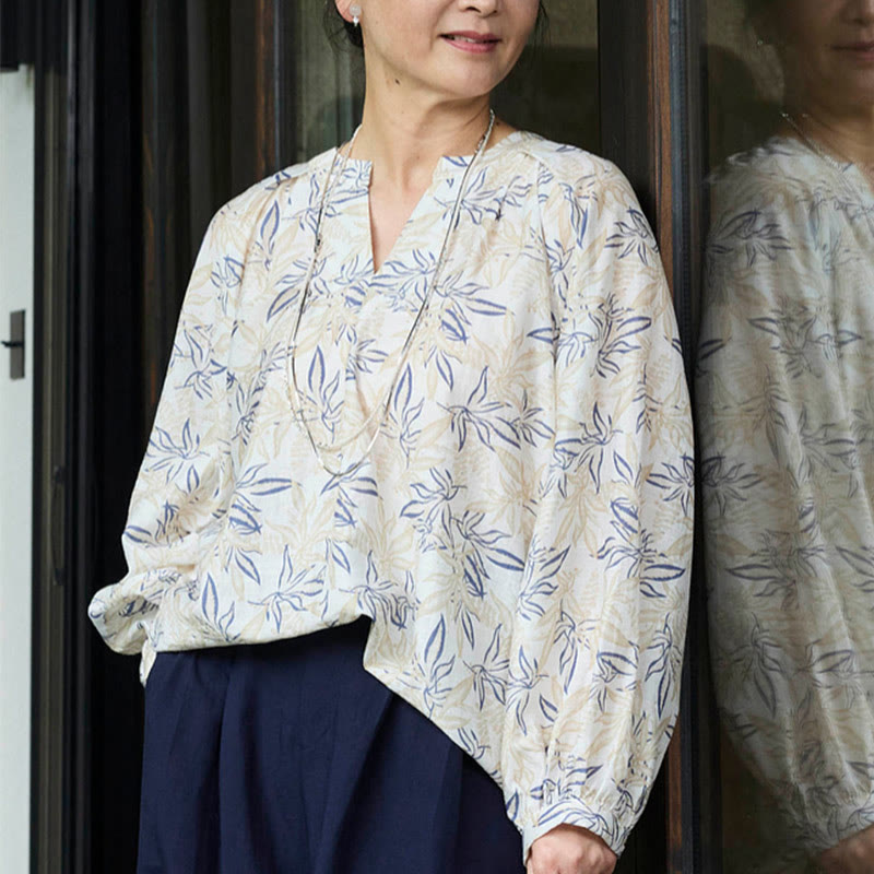 Buddha Stones Blau Beige Blumen Kerbdesign Langarm Damen Shirt für ältere Erwachsene - image 21
