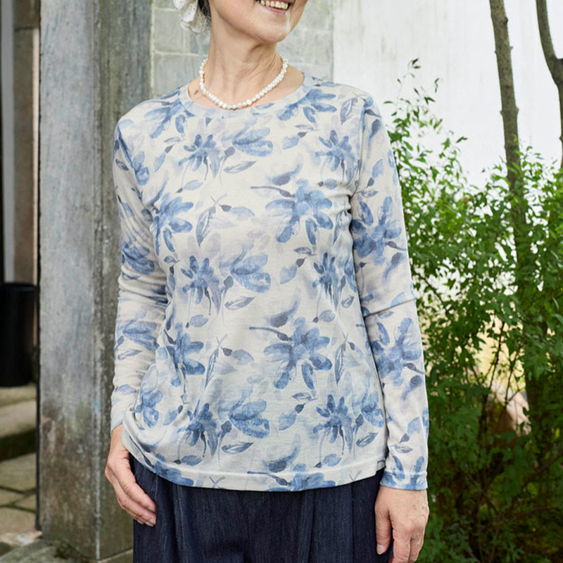 Buddha Stones Fall Blau Floral Damen Langarm T-Shirt für ältere Erwachsene - AliceBlue - US8-10， UK/AU12-14，EU40-42 (2XL) - image 0