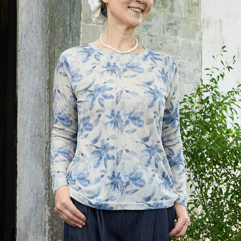Buddha Stones Fall Blau Floral Damen Langarm T-Shirt für ältere Erwachsene - image 1