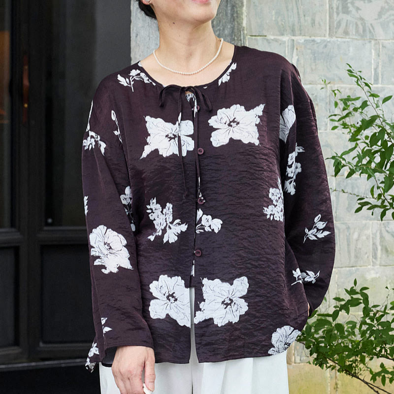 Buddha Stones Schwarzes Blumenmuster mit Schnürknöpfen, langärmeliges Damenhemd für ältere Erwachsene - Schwarz - US14， UK/AU18，EU46 (2XL) - image 0