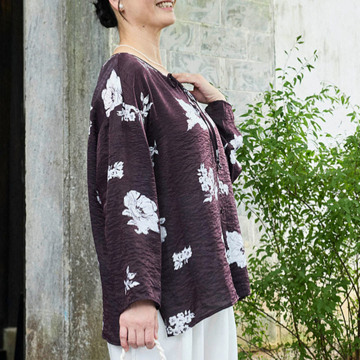 Buddha Stones Schwarzes Blumenmuster mit Schnürknöpfen, langärmeliges Damenhemd für ältere Erwachsene - image 3