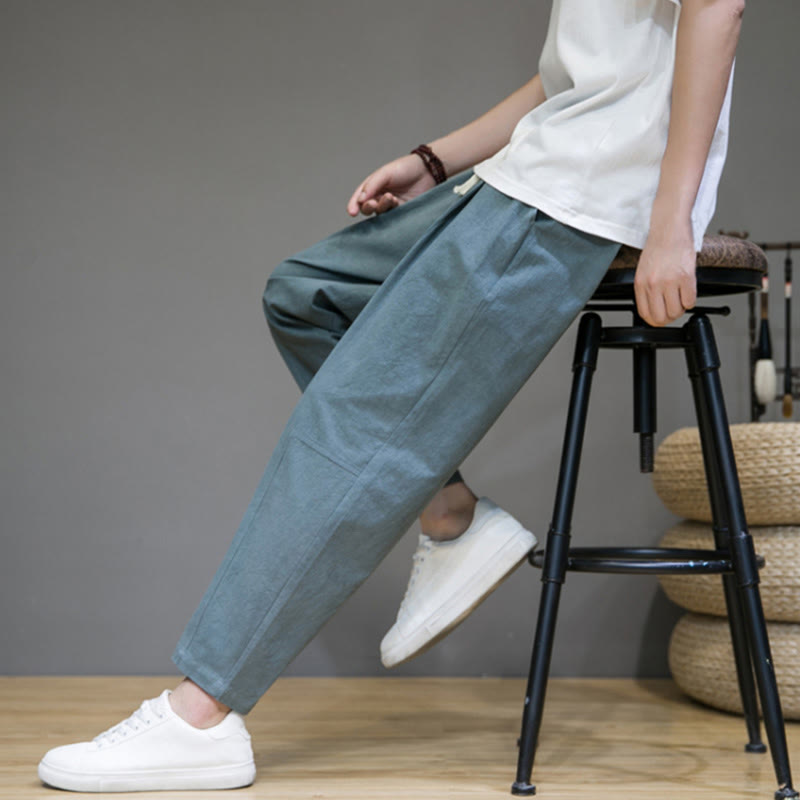 Buddha Stones Lässige Herrenhose aus Baumwollleinen mit Kordelzug und Taschen in reiner Farbe und konischem Design - image 3