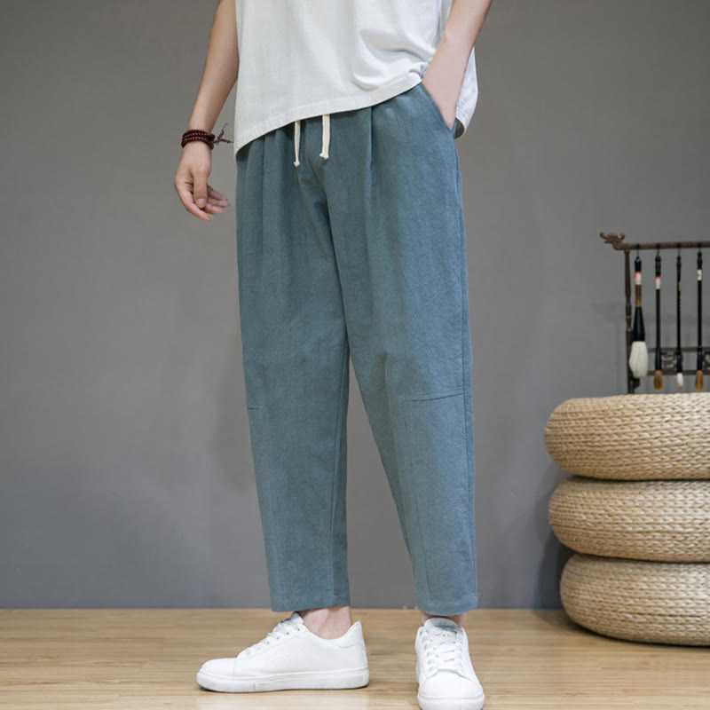 Buddha Stones Lässige Herrenhose aus Baumwollleinen mit Kordelzug und Taschen in reiner Farbe und konischem Design - HellMeerGrün - US/ UK/AU46，EU56 (5XL) - image 1