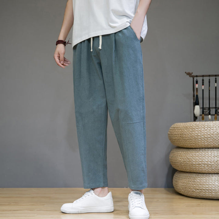 Buddha Stones Lässige Herrenhose aus Baumwollleinen mit Kordelzug und Taschen in reiner Farbe und konischem Design - HellMeerGrün - US/ UK/AU46，EU56 (5XL) - image 1