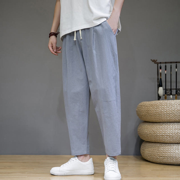 Buddha Stones Lässige Herrenhose aus Baumwollleinen mit Kordelzug und Taschen in reiner Farbe und konischem Design - Hellstahlblau - US/ UK/AU46，EU56 (5XL) - image 19