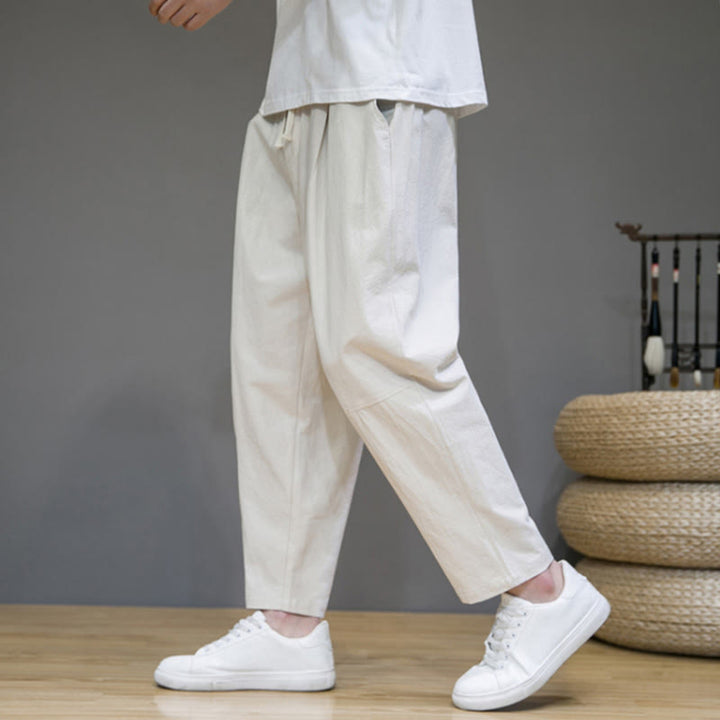 Buddha Stones Lässige Herrenhose aus Baumwollleinen mit Kordelzug und Taschen in reiner Farbe und konischem Design - image 16