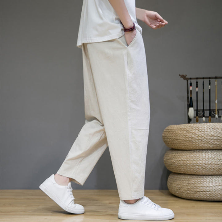 Buddha Stones Lässige Herrenhose aus Baumwollleinen mit Kordelzug und Taschen in reiner Farbe und konischem Design - image 17