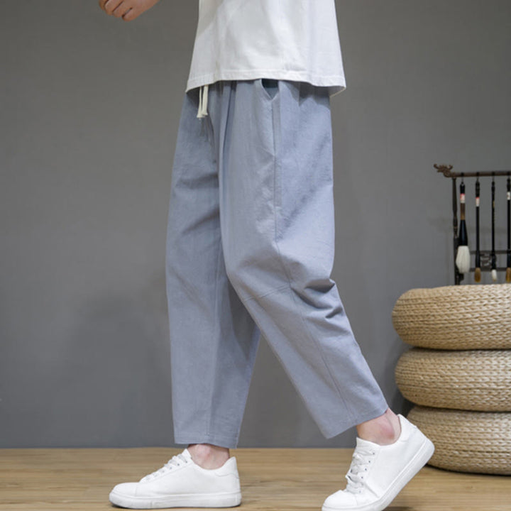 Buddha Stones Lässige Herrenhose aus Baumwollleinen mit Kordelzug und Taschen in reiner Farbe und konischem Design - image 20