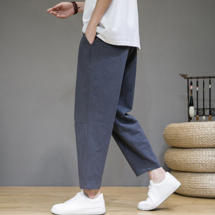Buddha Stones Lässige Herrenhose aus Baumwollleinen mit Kordelzug und Taschen in reiner Farbe und konischem Design - Schiefergrau - US/ UK/AU46，EU56 (5XL) - image 11