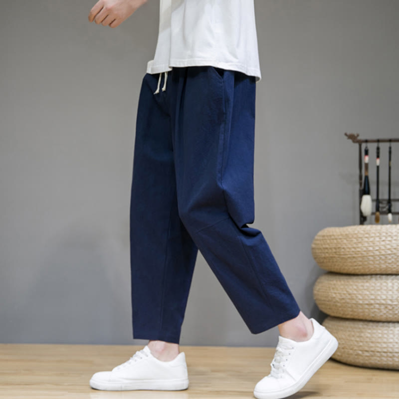Buddha Stones Lässige Herrenhose aus Baumwollleinen mit Kordelzug und Taschen in reiner Farbe und konischem Design - image 9