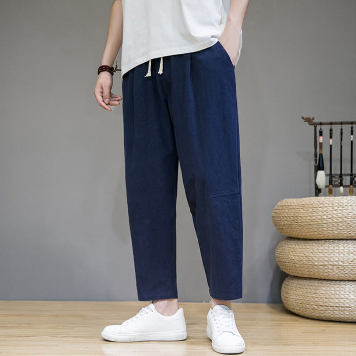 Buddha Stones Lässige Herrenhose aus Baumwollleinen mit Kordelzug und Taschen in reiner Farbe und konischem Design - Mitternachtsblau - US/ UK/AU46，EU56 (5XL) - image 8