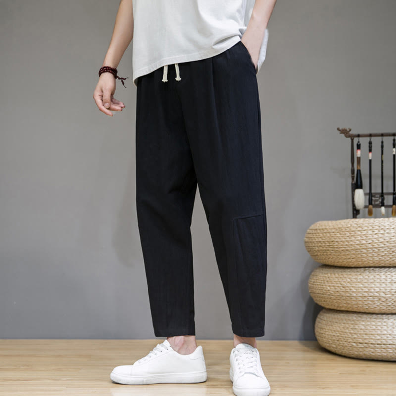Buddha Stones Lässige Herrenhose aus Baumwollleinen mit Kordelzug und Taschen in reiner Farbe und konischem Design - Schwarz - US/ UK/AU46，EU56 (5XL) - image 4