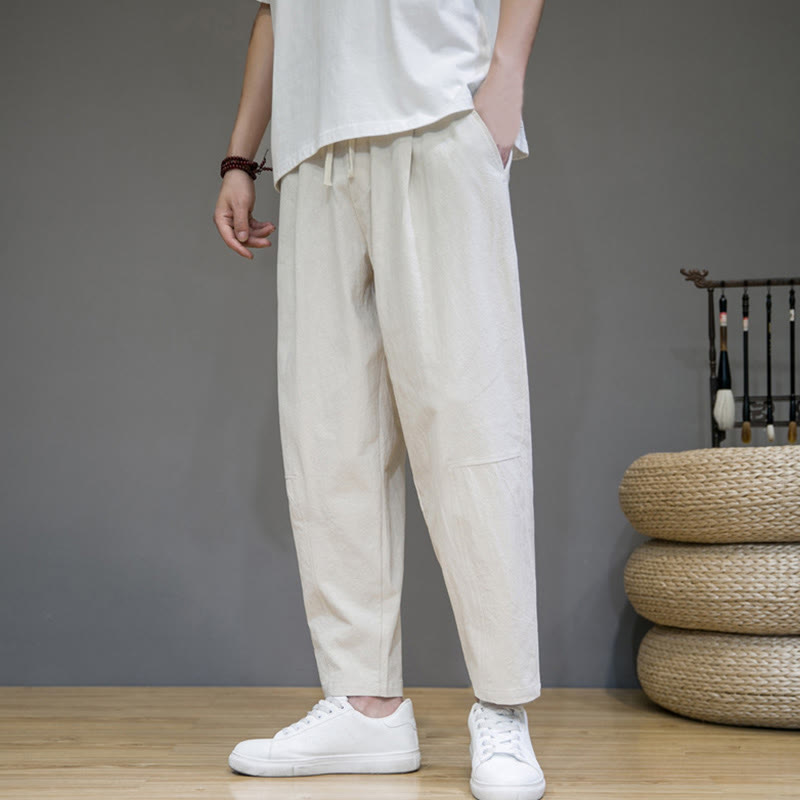 Buddha Stones Lässige Herrenhose aus Baumwollleinen mit Kordelzug und Taschen in reiner Farbe und konischem Design - Beige - US/ UK/AU46，EU56 (5XL) - image 15