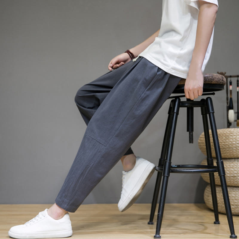 Buddha Stones Lässige Herrenhose aus Baumwollleinen mit Kordelzug und Taschen in reiner Farbe und konischem Design - image 14