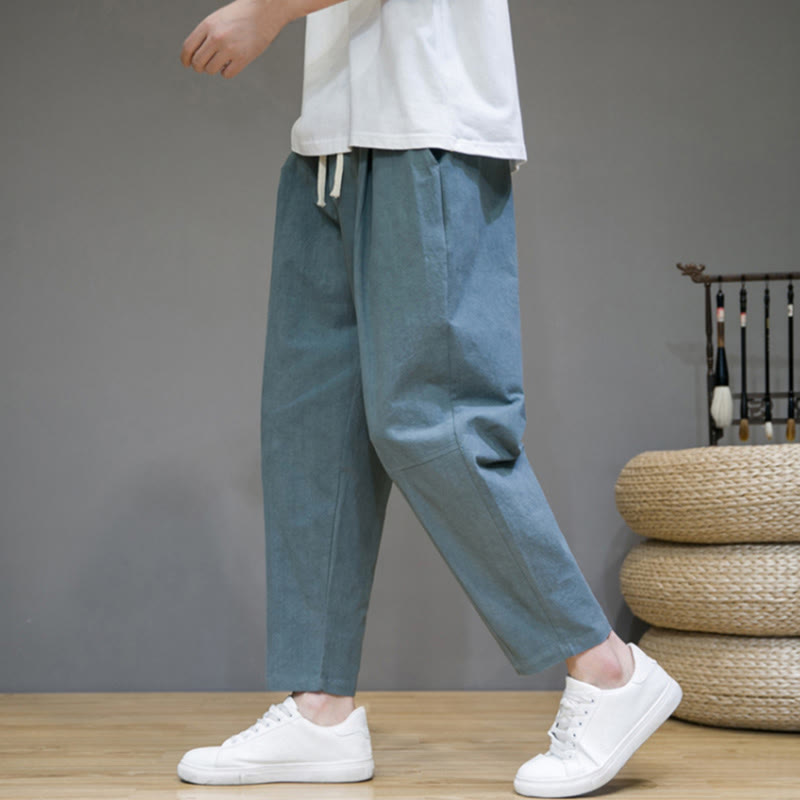 Buddha Stones Lässige Herrenhose aus Baumwollleinen mit Kordelzug und Taschen in reiner Farbe und konischem Design - image 2