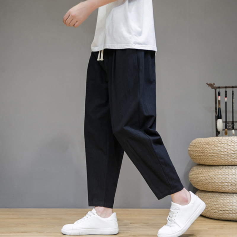 Buddha Stones Lässige Herrenhose aus Baumwollleinen mit Kordelzug und Taschen in reiner Farbe und konischem Design - image 5