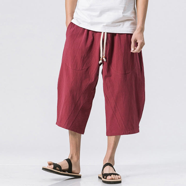Buddha Stones Sommer Lässig Schlichtes Einfarbiges Design 7-8 Länge Herren Kordelzughose Mit Taschen - Purpurrot - US/UK/AU46, EU56 (5XL) - image 4