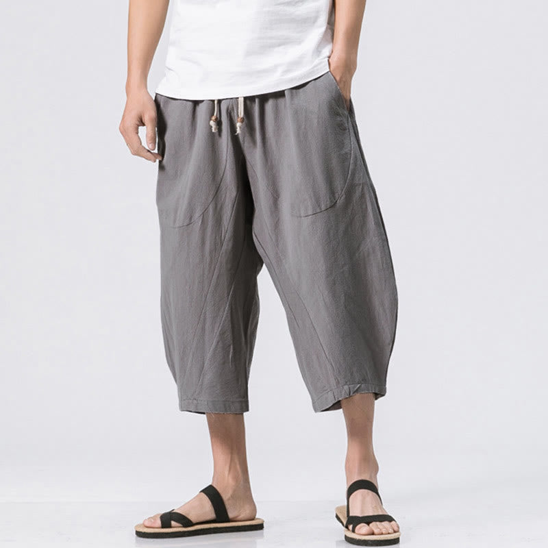 Buddha Stones Sommer Lässig Schlichtes Einfarbiges Design 7-8 Länge Herren Kordelzughose Mit Taschen - Hellgrau - US/UK/AU46, EU56 (5XL) - image 0