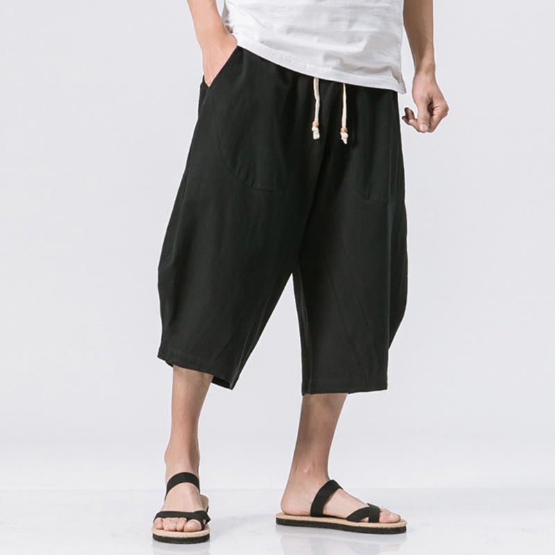 Buddha Stones Sommer Lässig Schlichtes Einfarbiges Design 7-8 Länge Herren Kordelzughose Mit Taschen - Schwarz - US/UK/AU46, EU56 (5XL) - image 9