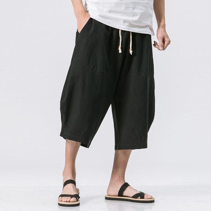 Buddha Stones Sommer Lässig Schlichtes Einfarbiges Design 7-8 Länge Herren Kordelzughose Mit Taschen - Schwarz - US/UK/AU46, EU56 (5XL) - image 9