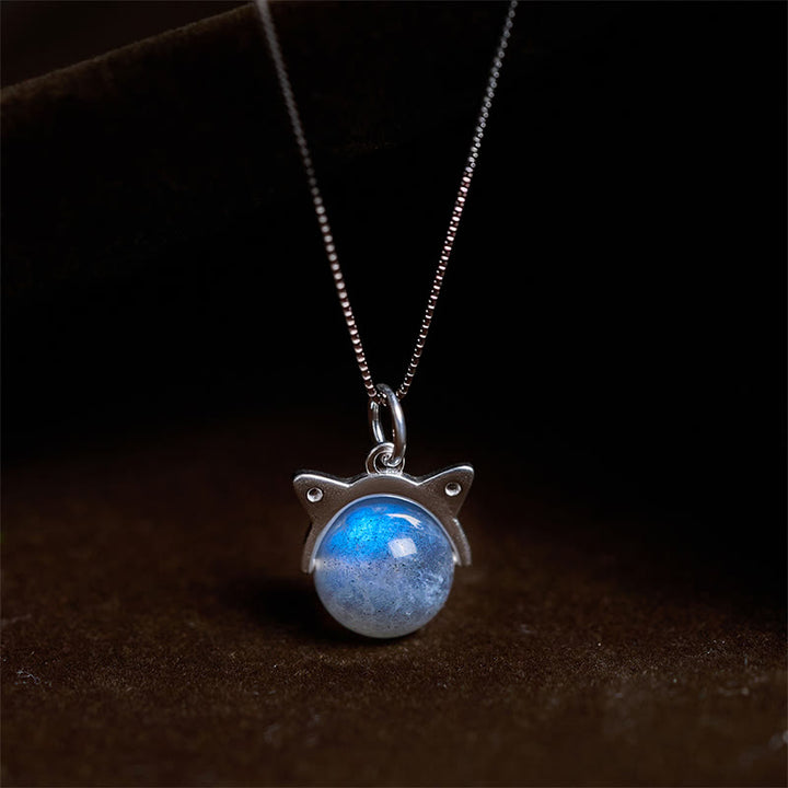Buddha Stones 925 Sterling Silber Mondstein Katze Heilung Halskette Anhänger - 10 mm + 0,8 mm Kette - image 0