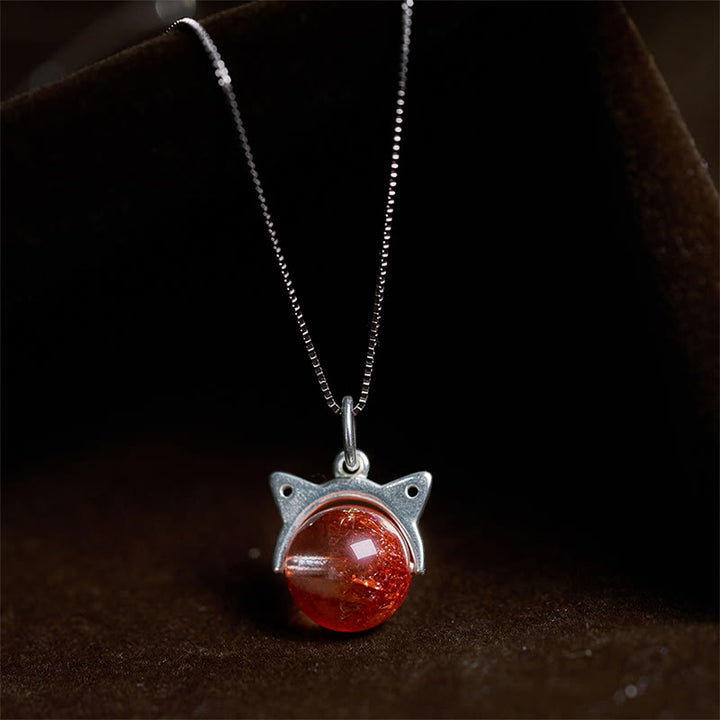 Buddha Stones Halskette mit Anhänger aus 925er Sterlingsilber, natürlicher roter Super Seven-Kristall, Katze - 10 mm + 0,8 mm Kette - image 0
