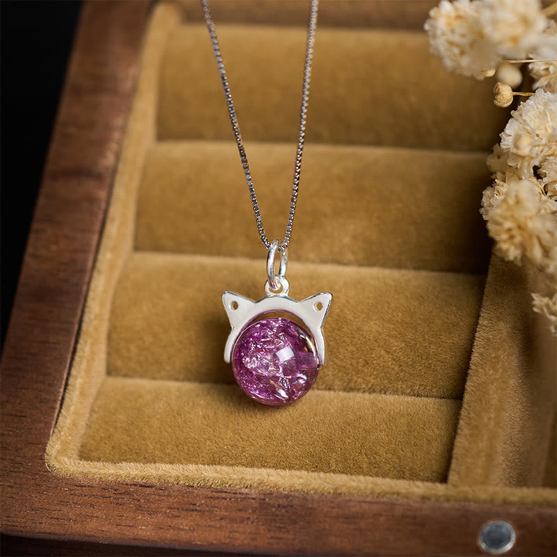 Buddha Stones Halskette mit Anhänger aus 925er Sterlingsilber, natürliches hellviolettes Feuerwerk, Super Seven-Kristall, Katze - image 1