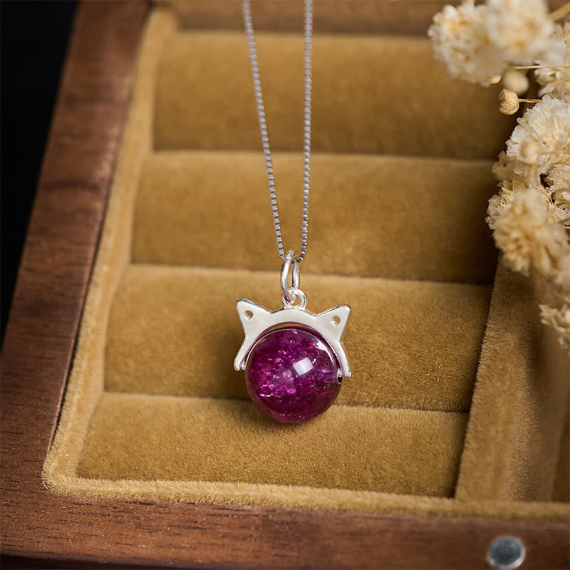 Buddha Stones Halskette mit Anhänger aus 925er Sterlingsilber, natürliches, tiefviolettes Feuerwerk, Super Seven-Kristall, Katze - image 1