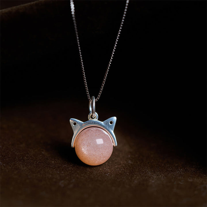 Buddha Stones Halskette mit Anhänger aus 925er Sterlingsilber mit natürlichem orangefarbenem Mondstein und Katze - 10 mm + 0,8 mm Kette - image 0