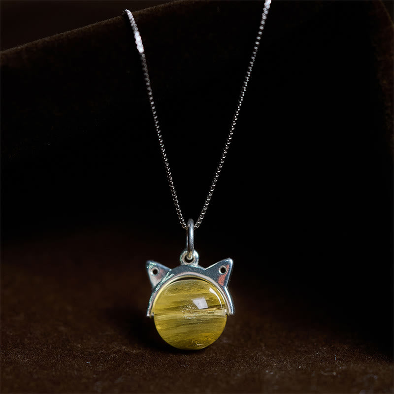 Buddha Stones Halskette mit Anhänger aus 925er Sterlingsilber, natürlicher goldener Lepidolith, Katze, Wohlstand - 10 mm + 0,8 mm Kette - image 0