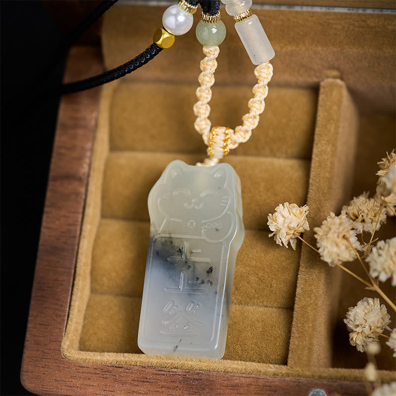 Buddha Stones Halskette mit Anhänger aus natürlicher Xiuyan-Jade mit Katzenseil - image 2